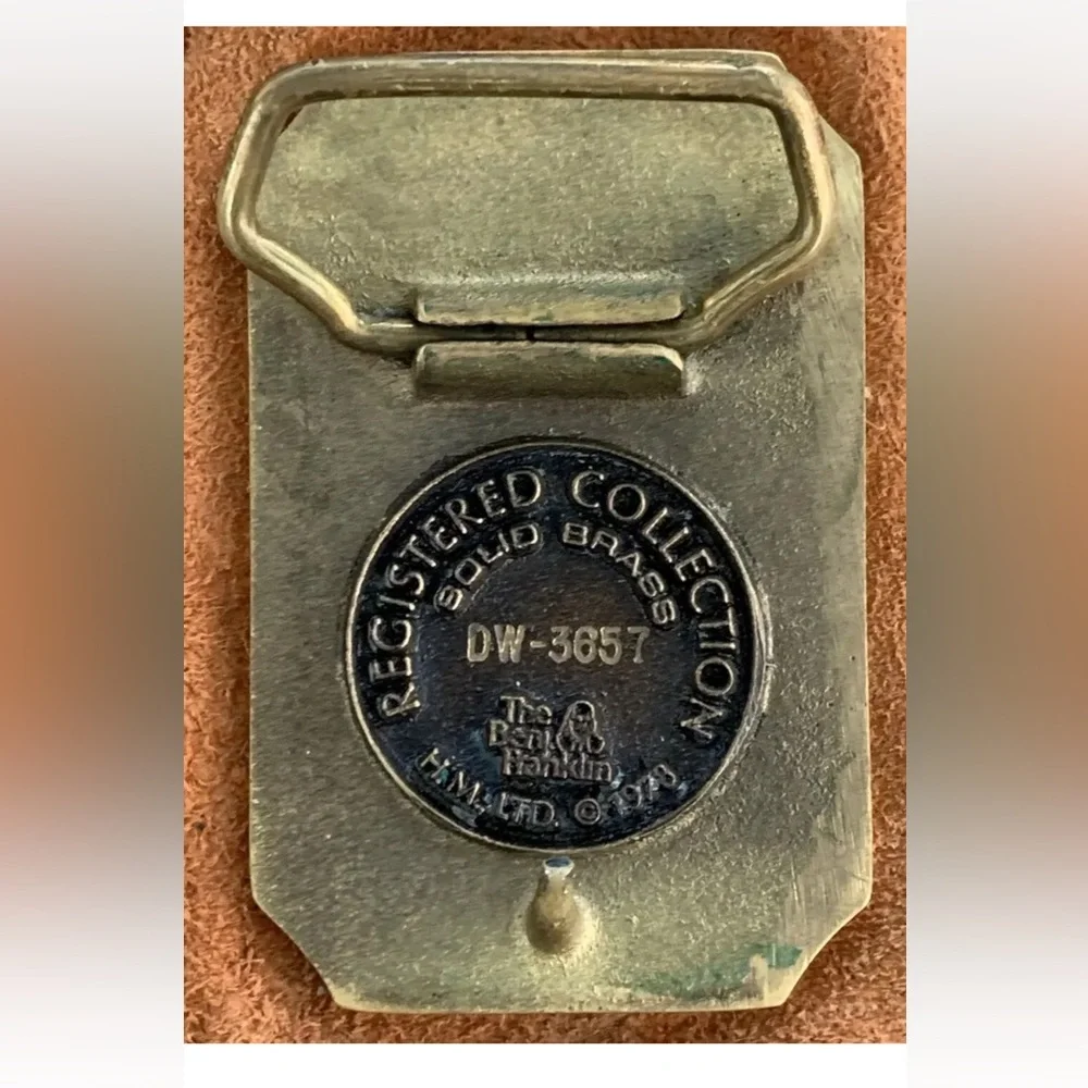 Vintage 1978 Oregon Trail Solid Brass Belt Buckle Ben Franklin DW-3657 + Pouch